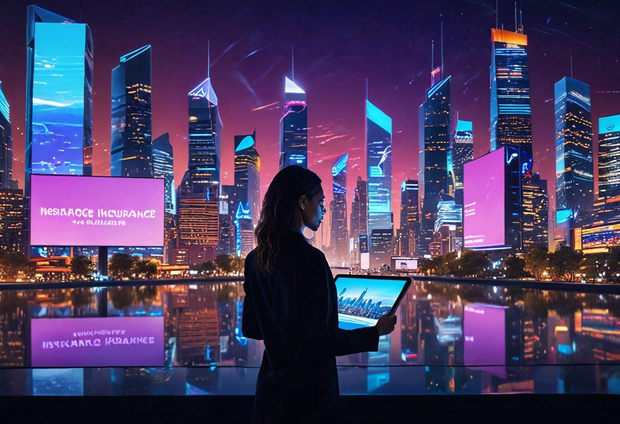 A futuristic city skyline at dusk, featuring digital billboards that showcase various insurance coverage options, with diverse people interacting with holographic displays. In the foreground, a confident individual holding a digital tablet, looking towards the skyline, symbolizing empowerment and guidance in digital insurance. The scene is vibrant with neon lights and a tech-savvy atmosphere. digital art. vibrant colors. 3D.