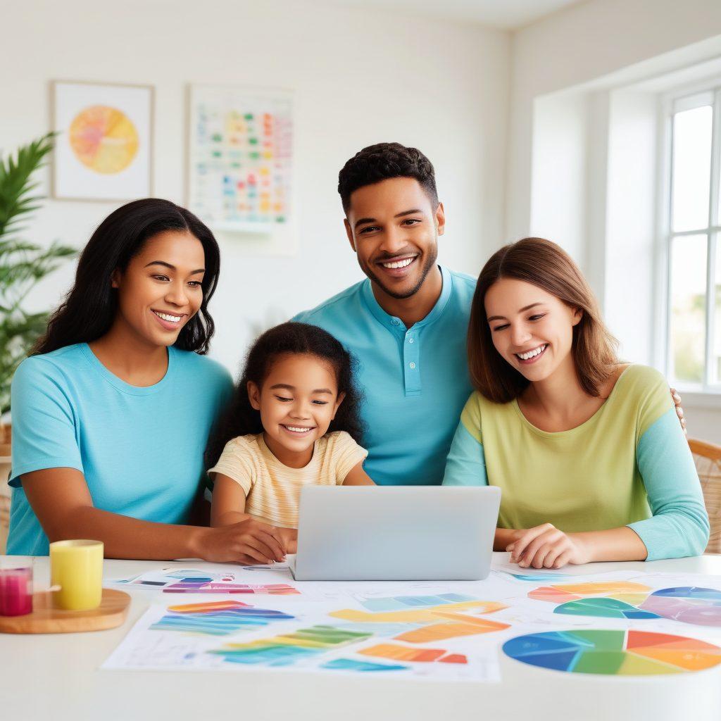 A friendly and inviting scene depicting a diverse family reviewing insurance options together at a table, with a laptop showcasing comparison charts. Include soothing colors and icons representing various types of insurance policies (health, car, home). The background features a homey environment that conveys trust and comfort. soft illustration. vibrant colors. clean white background.